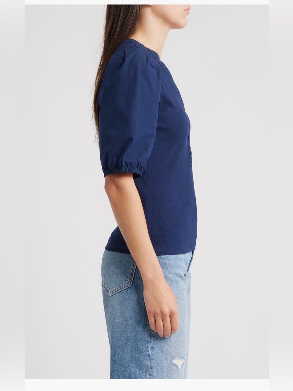 Madewell Puff Sleeve Henley Knit Top Blue Modal Blend Size XL NWT - Picture 11 of 12